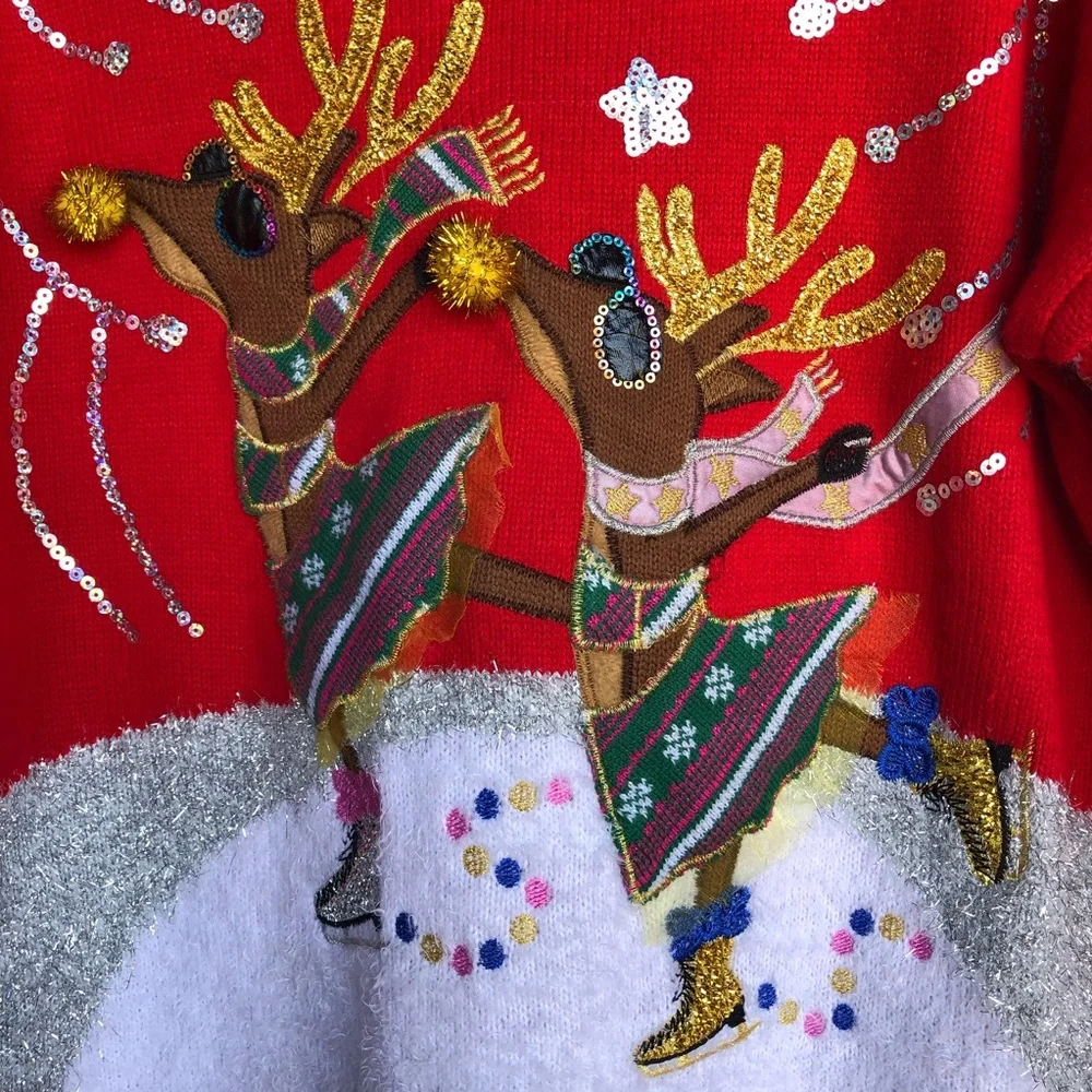Holiday Time Ugly Sweater Ice Skating Red,Green, Reindeer Design Large 12-14 - Picture 10 of 12